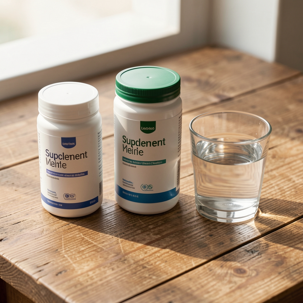 Supplement containers and a glass of water on a wooden desk, morning light, editorial flat lay