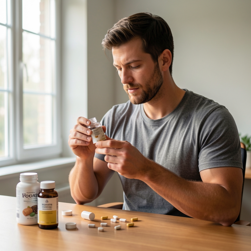 Man preparing morning supplement routine, natural light through window, editorial composition