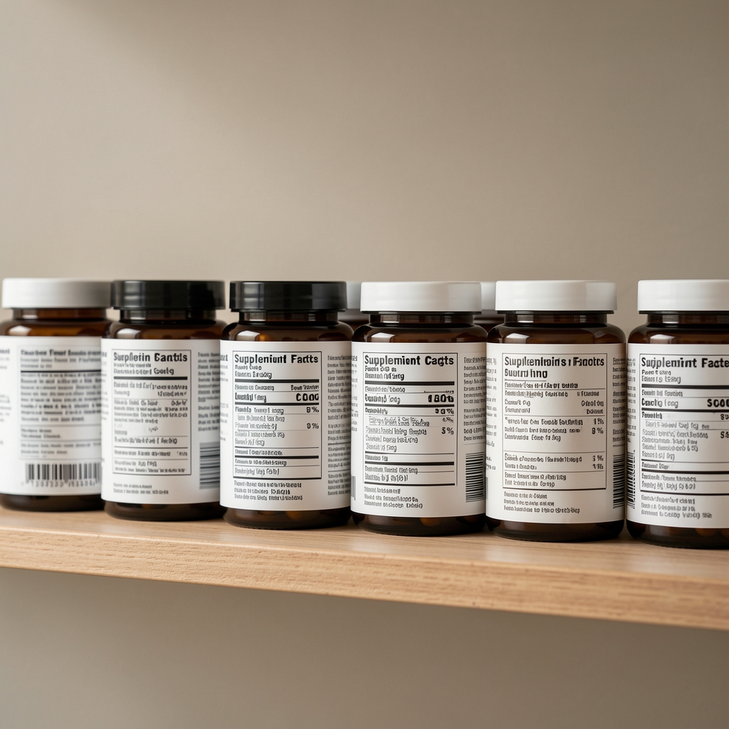 Supplement labels on a shelf, editorial composition, soft neutral background
