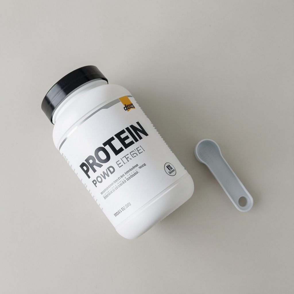 Protein powder container and measuring scoop on a neutral background, editorial overhead shot